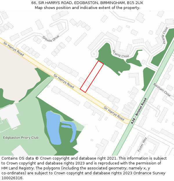 66, SIR HARRYS ROAD, EDGBASTON, BIRMINGHAM, B15 2UX: Location map and indicative extent of plot