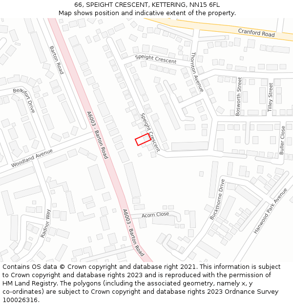 66, SPEIGHT CRESCENT, KETTERING, NN15 6FL: Location map and indicative extent of plot
