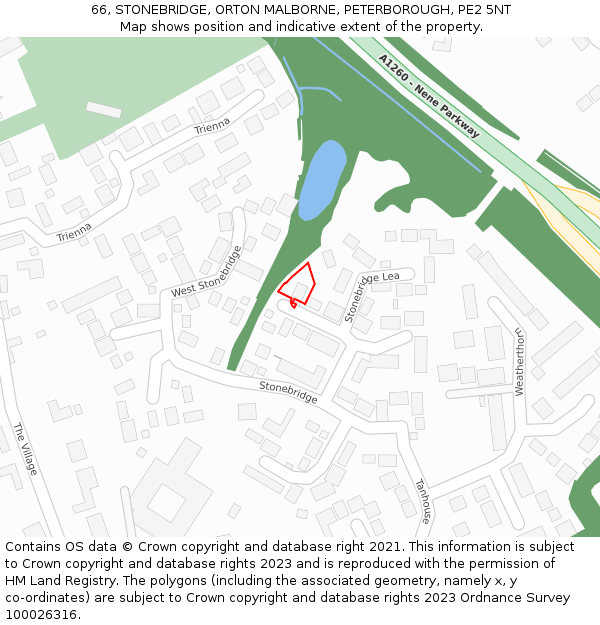 66, STONEBRIDGE, ORTON MALBORNE, PETERBOROUGH, PE2 5NT: Location map and indicative extent of plot