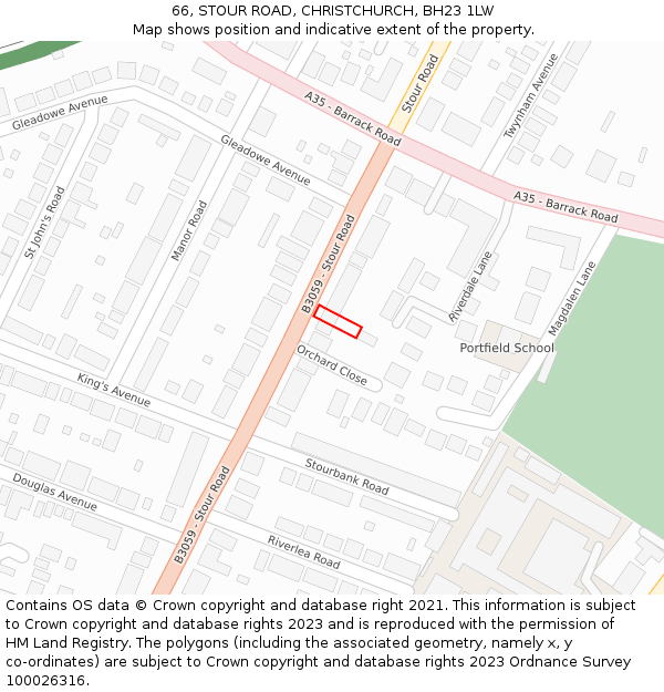 66, STOUR ROAD, CHRISTCHURCH, BH23 1LW: Location map and indicative extent of plot