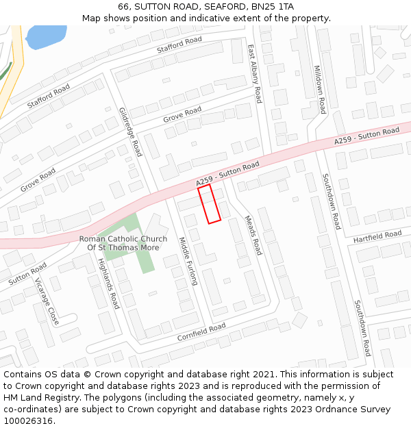 66, SUTTON ROAD, SEAFORD, BN25 1TA: Location map and indicative extent of plot