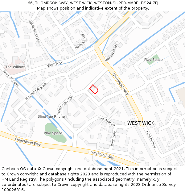 66, THOMPSON WAY, WEST WICK, WESTON-SUPER-MARE, BS24 7FJ: Location map and indicative extent of plot