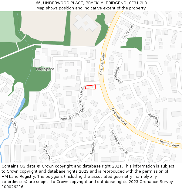 66, UNDERWOOD PLACE, BRACKLA, BRIDGEND, CF31 2LR: Location map and indicative extent of plot