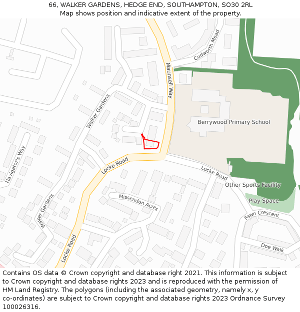 66, WALKER GARDENS, HEDGE END, SOUTHAMPTON, SO30 2RL: Location map and indicative extent of plot
