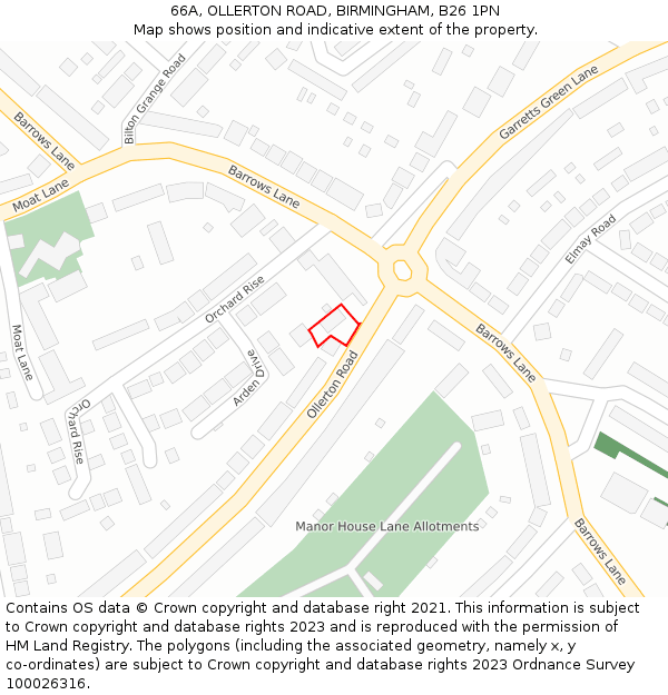 66A, OLLERTON ROAD, BIRMINGHAM, B26 1PN: Location map and indicative extent of plot
