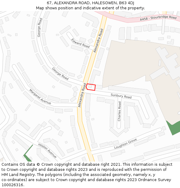 67, ALEXANDRA ROAD, HALESOWEN, B63 4DJ: Location map and indicative extent of plot