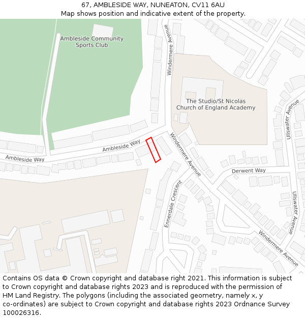 67, AMBLESIDE WAY, NUNEATON, CV11 6AU: Location map and indicative extent of plot