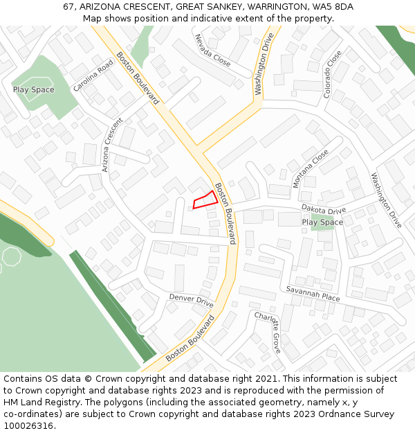 67, ARIZONA CRESCENT, GREAT SANKEY, WARRINGTON, WA5 8DA: Location map and indicative extent of plot