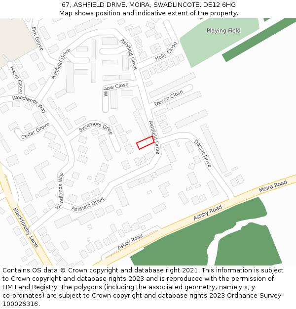 67, ASHFIELD DRIVE, MOIRA, SWADLINCOTE, DE12 6HG: Location map and indicative extent of plot