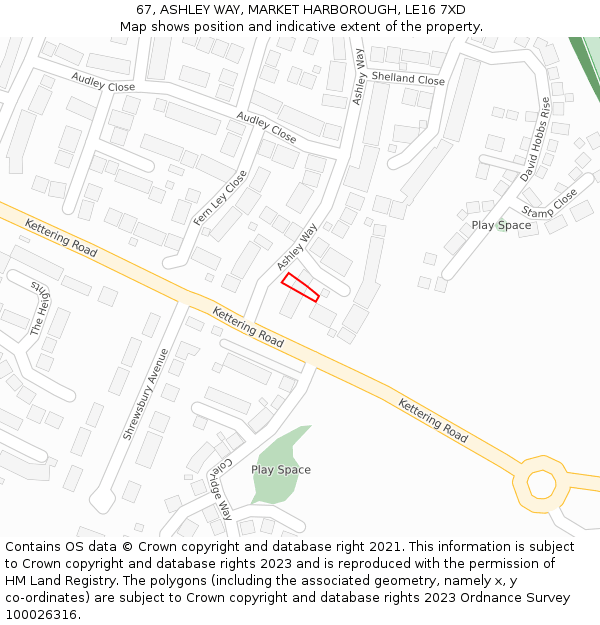 67, ASHLEY WAY, MARKET HARBOROUGH, LE16 7XD: Location map and indicative extent of plot