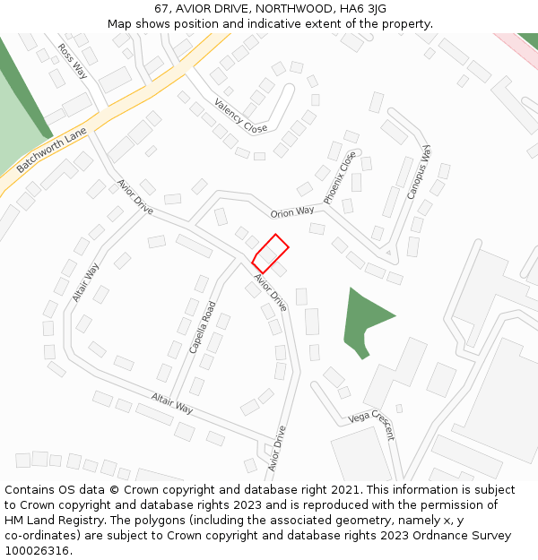 67, AVIOR DRIVE, NORTHWOOD, HA6 3JG: Location map and indicative extent of plot