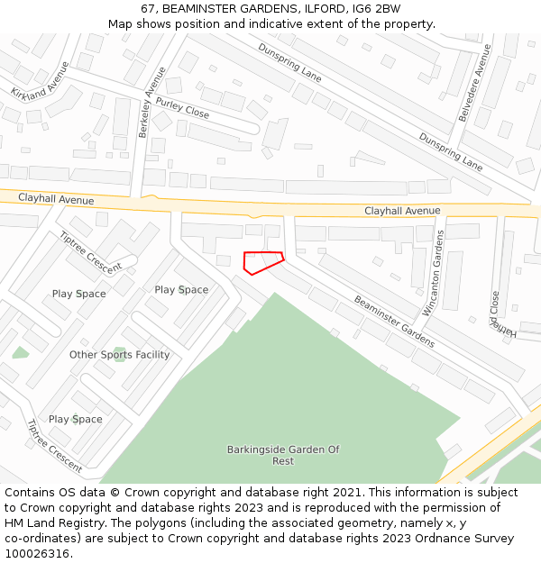 67, BEAMINSTER GARDENS, ILFORD, IG6 2BW: Location map and indicative extent of plot