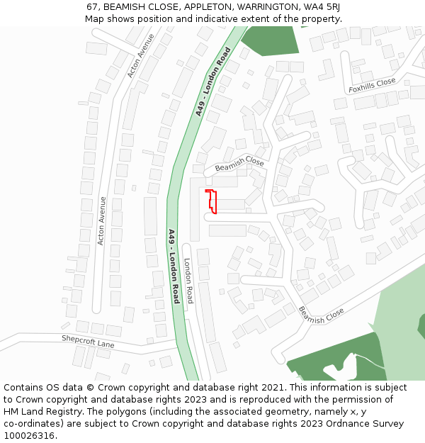 67, BEAMISH CLOSE, APPLETON, WARRINGTON, WA4 5RJ: Location map and indicative extent of plot