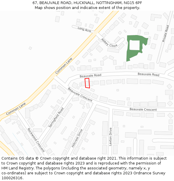 67, BEAUVALE ROAD, HUCKNALL, NOTTINGHAM, NG15 6PF: Location map and indicative extent of plot