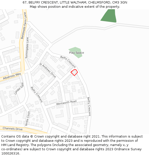 67, BELFRY CRESCENT, LITTLE WALTHAM, CHELMSFORD, CM3 3GN: Location map and indicative extent of plot