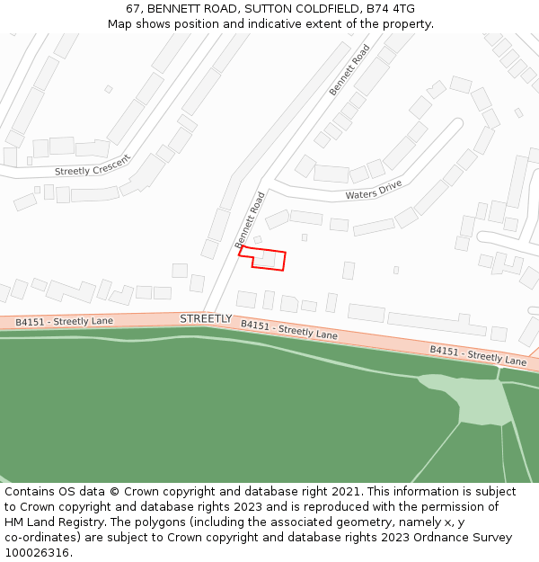 67, BENNETT ROAD, SUTTON COLDFIELD, B74 4TG: Location map and indicative extent of plot