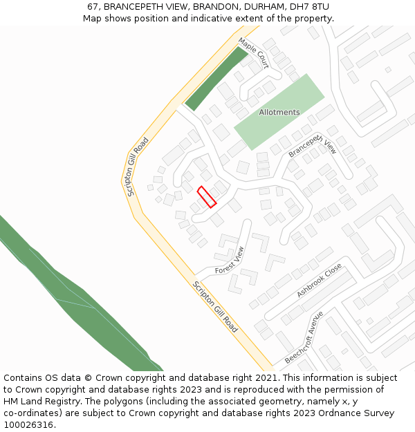 67, BRANCEPETH VIEW, BRANDON, DURHAM, DH7 8TU: Location map and indicative extent of plot