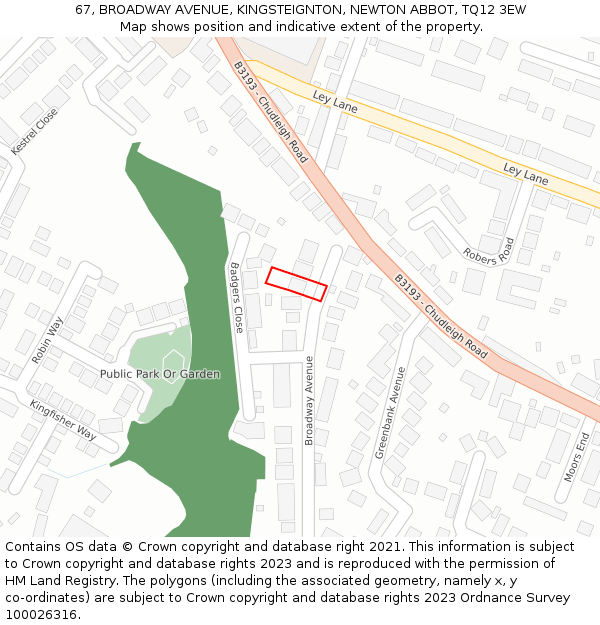 67, BROADWAY AVENUE, KINGSTEIGNTON, NEWTON ABBOT, TQ12 3EW: Location map and indicative extent of plot