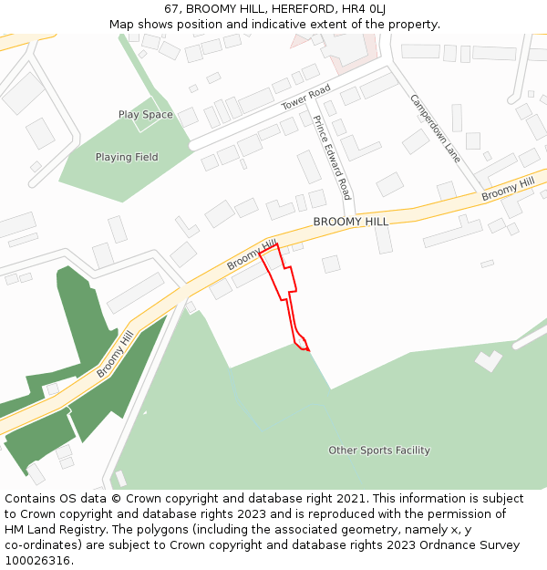 67, BROOMY HILL, HEREFORD, HR4 0LJ: Location map and indicative extent of plot