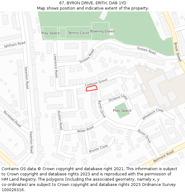 67, BYRON DRIVE, ERITH, DA8 1YD: Location map and indicative extent of plot