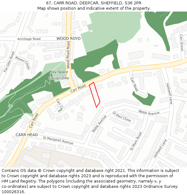 67, CARR ROAD, DEEPCAR, SHEFFIELD, S36 2PR: Location map and indicative extent of plot