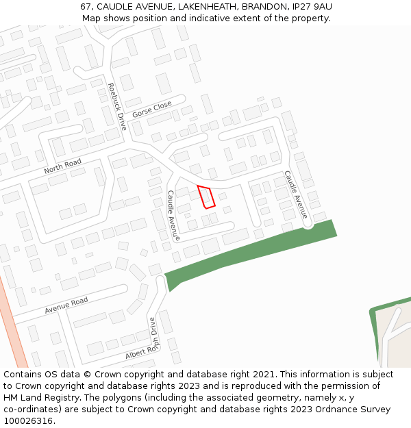 67, CAUDLE AVENUE, LAKENHEATH, BRANDON, IP27 9AU: Location map and indicative extent of plot