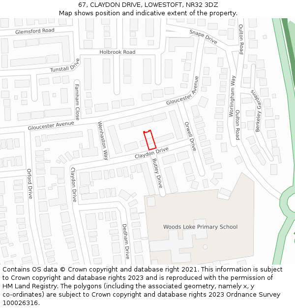 67, CLAYDON DRIVE, LOWESTOFT, NR32 3DZ: Location map and indicative extent of plot