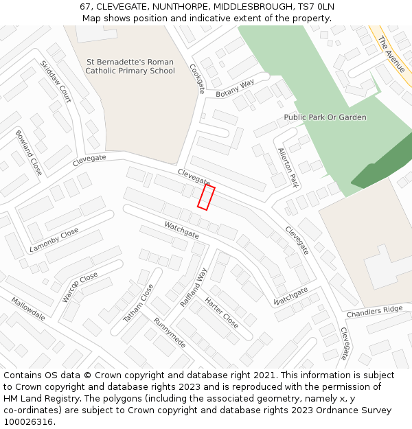 67, CLEVEGATE, NUNTHORPE, MIDDLESBROUGH, TS7 0LN: Location map and indicative extent of plot