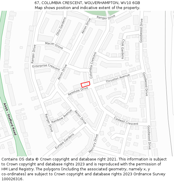 67, COLUMBIA CRESCENT, WOLVERHAMPTON, WV10 6GB: Location map and indicative extent of plot