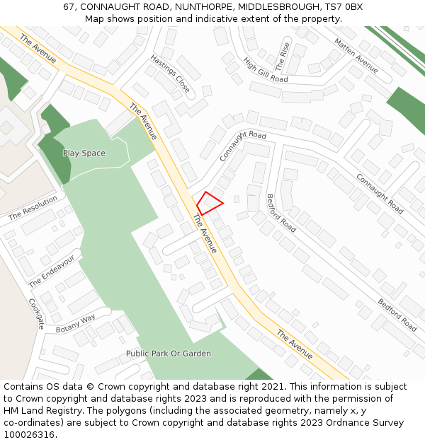 67, CONNAUGHT ROAD, NUNTHORPE, MIDDLESBROUGH, TS7 0BX: Location map and indicative extent of plot