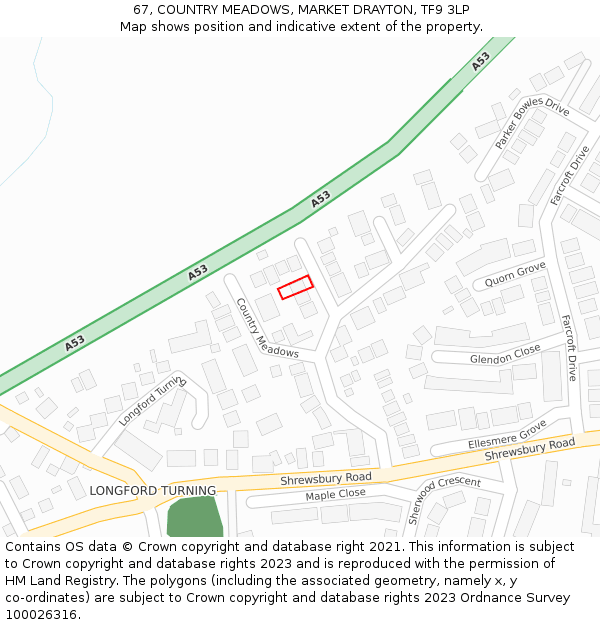 67, COUNTRY MEADOWS, MARKET DRAYTON, TF9 3LP: Location map and indicative extent of plot