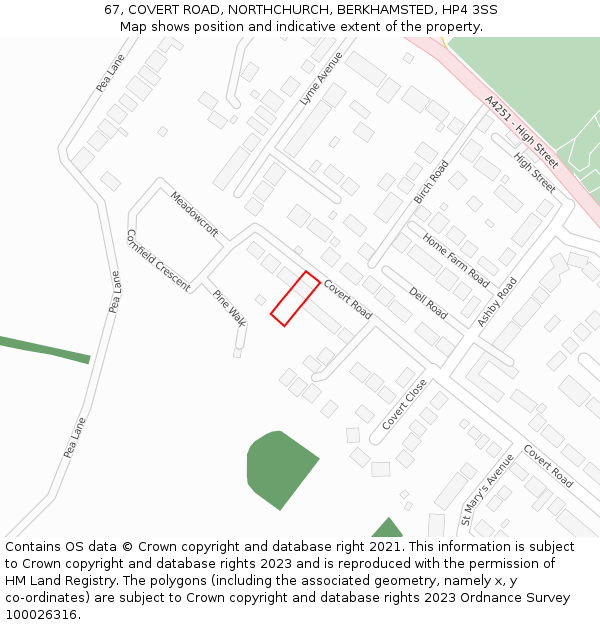 67, COVERT ROAD, NORTHCHURCH, BERKHAMSTED, HP4 3SS: Location map and indicative extent of plot