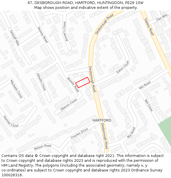 67, DESBOROUGH ROAD, HARTFORD, HUNTINGDON, PE29 1SW: Location map and indicative extent of plot