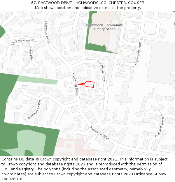 67, EASTWOOD DRIVE, HIGHWOODS, COLCHESTER, CO4 9EB: Location map and indicative extent of plot