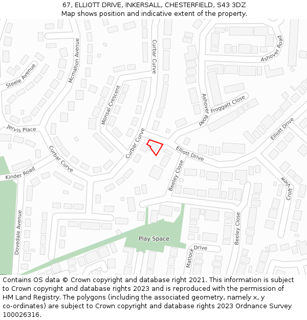 67, ELLIOTT DRIVE, INKERSALL, CHESTERFIELD, S43 3DZ: Location map and indicative extent of plot