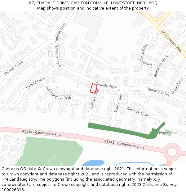 67, ELMDALE DRIVE, CARLTON COLVILLE, LOWESTOFT, NR33 8DQ: Location map and indicative extent of plot