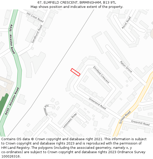 67, ELMFIELD CRESCENT, BIRMINGHAM, B13 9TL: Location map and indicative extent of plot
