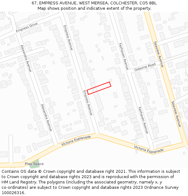 67, EMPRESS AVENUE, WEST MERSEA, COLCHESTER, CO5 8BL: Location map and indicative extent of plot