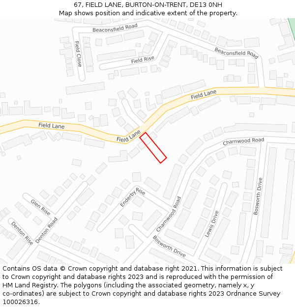67, FIELD LANE, BURTON-ON-TRENT, DE13 0NH: Location map and indicative extent of plot