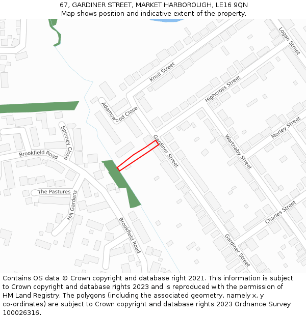 67, GARDINER STREET, MARKET HARBOROUGH, LE16 9QN: Location map and indicative extent of plot