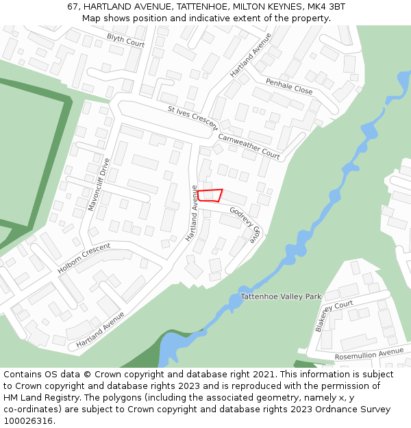 67, HARTLAND AVENUE, TATTENHOE, MILTON KEYNES, MK4 3BT: Location map and indicative extent of plot