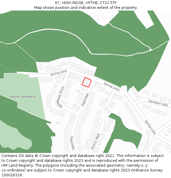 67, HIGH RIDGE, HYTHE, CT21 5TF: Location map and indicative extent of plot