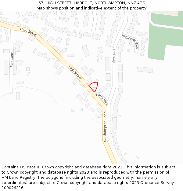 67, HIGH STREET, HARPOLE, NORTHAMPTON, NN7 4BS: Location map and indicative extent of plot