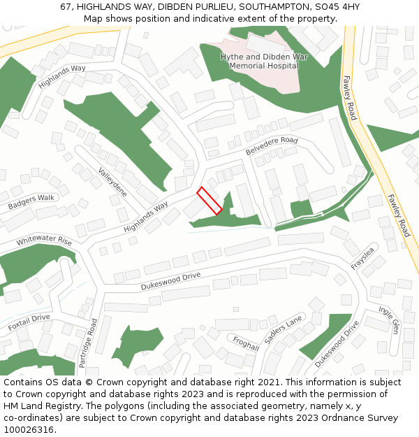67, HIGHLANDS WAY, DIBDEN PURLIEU, SOUTHAMPTON, SO45 4HY: Location map and indicative extent of plot