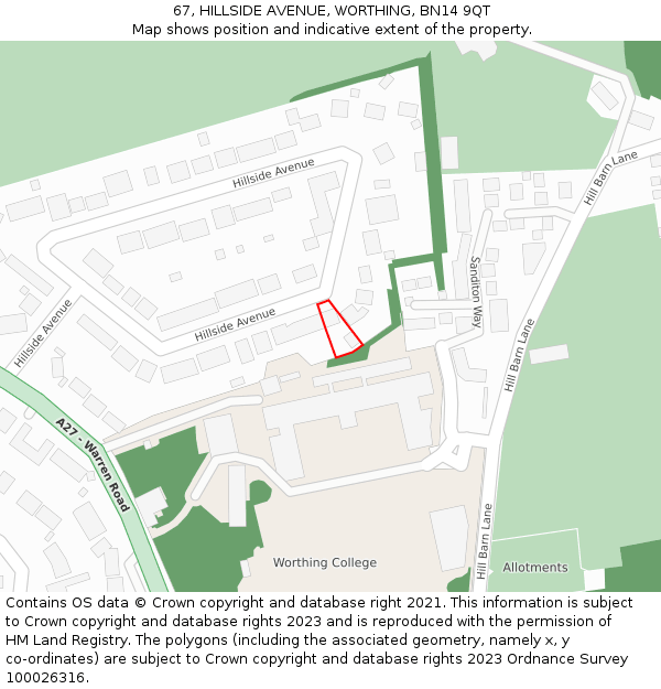 67, HILLSIDE AVENUE, WORTHING, BN14 9QT: Location map and indicative extent of plot