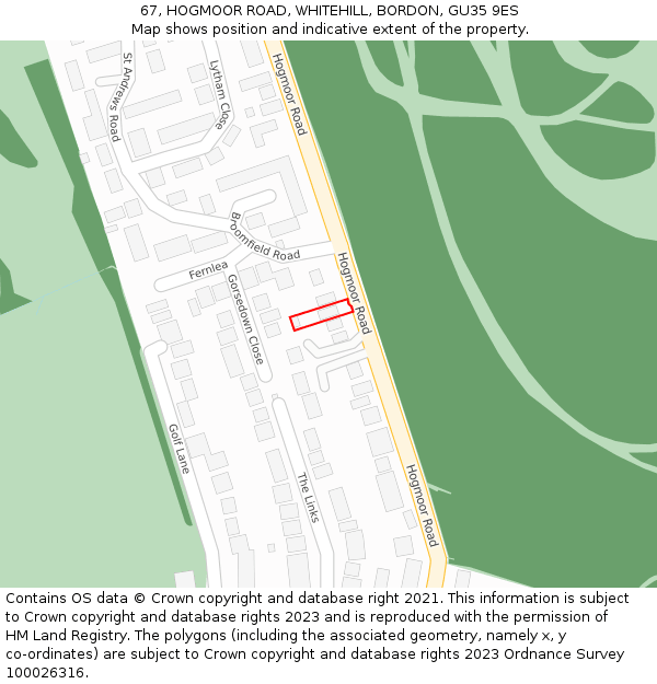 67, HOGMOOR ROAD, WHITEHILL, BORDON, GU35 9ES: Location map and indicative extent of plot