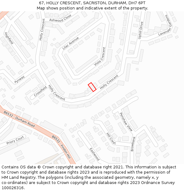67, HOLLY CRESCENT, SACRISTON, DURHAM, DH7 6PT: Location map and indicative extent of plot