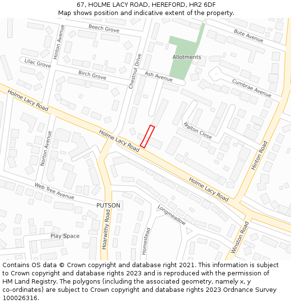 67, HOLME LACY ROAD, HEREFORD, HR2 6DF: Location map and indicative extent of plot