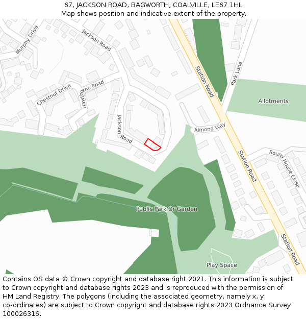 67, JACKSON ROAD, BAGWORTH, COALVILLE, LE67 1HL: Location map and indicative extent of plot