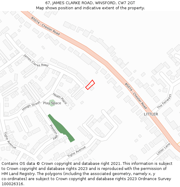 67, JAMES CLARKE ROAD, WINSFORD, CW7 2GT: Location map and indicative extent of plot